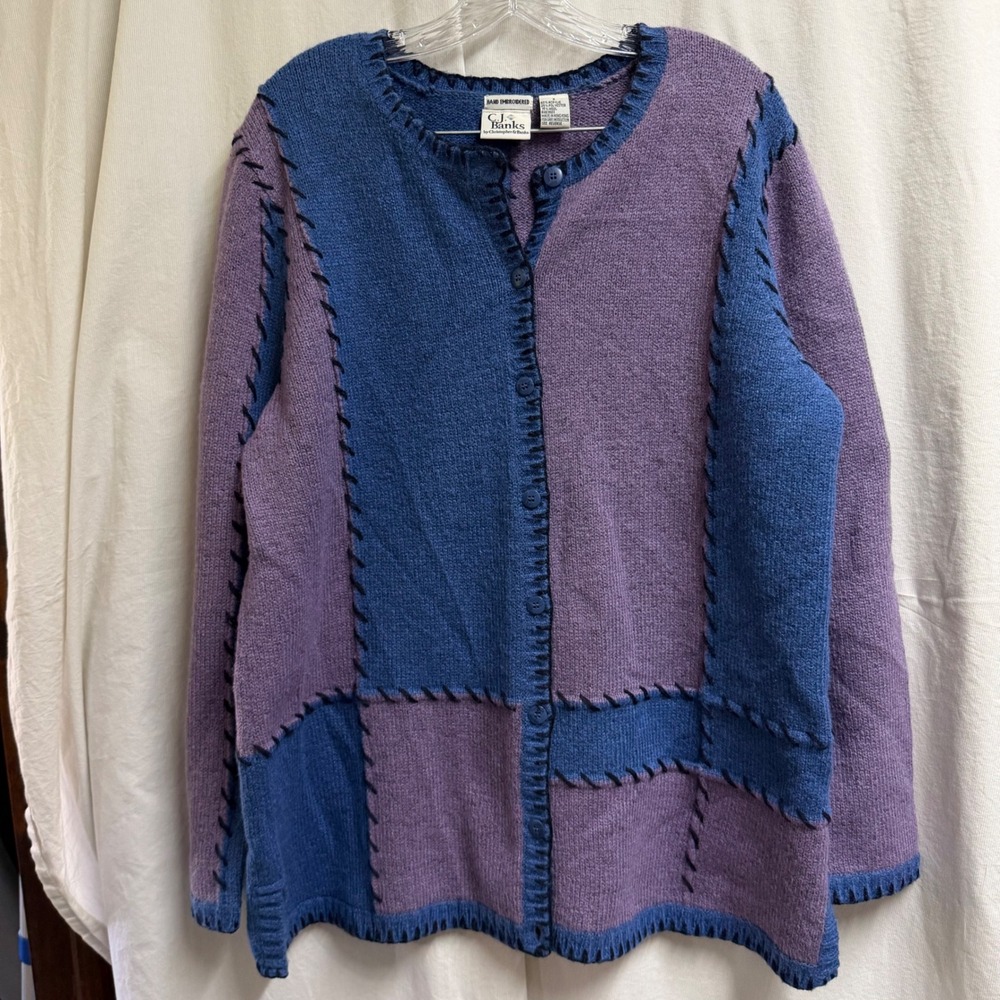 CJ Banks Colorblock Patchwork Cardigan Sweater Blue Purple Hand Embroidered XL